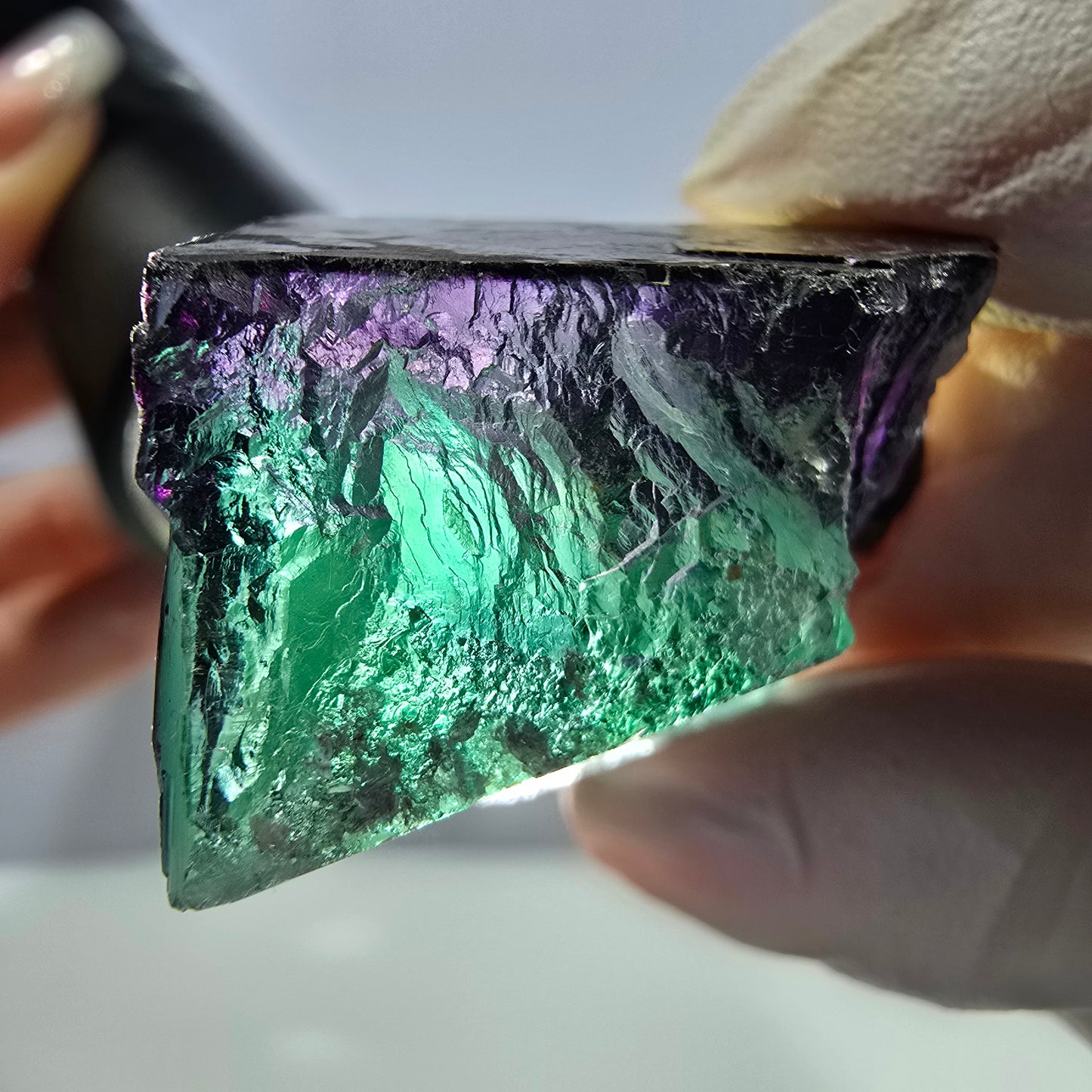 Spécimen de cube de fluorite fantôme vert violet zonal 11:11 Angel Pocket, Namibie 43*31*28mm
