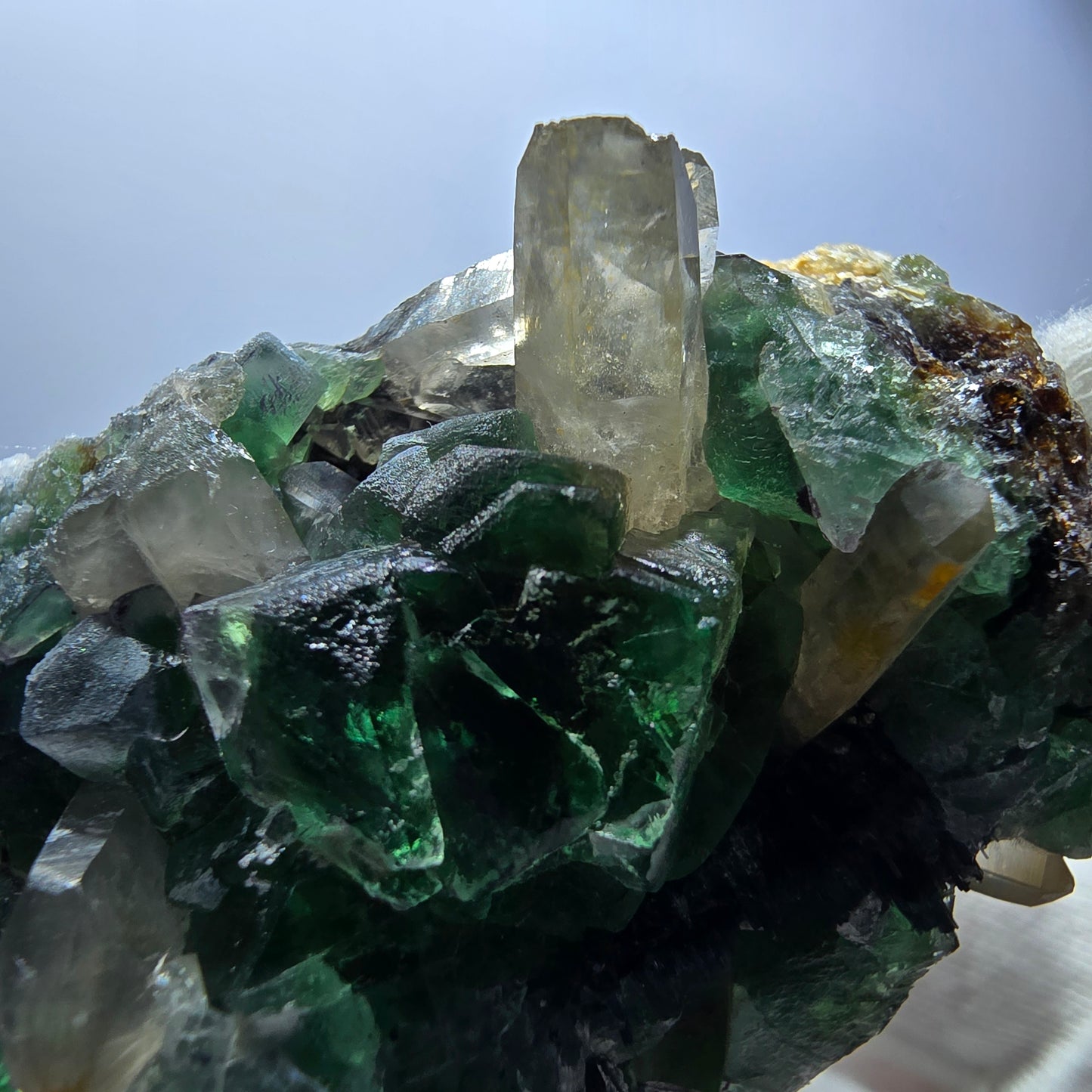 Phantom Fluorit Würfel, Rauchquarz, Schörl Turmalin, Hyalit Erongo, Namibia 66*49*37mm