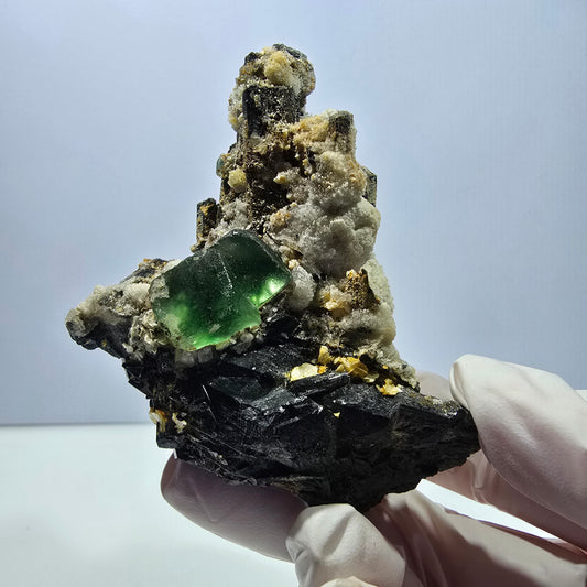 Große Phantom Fluorit, Schörl Turmalin, Hyalit, Muskovit Stufe Erongo, Namibia 78*64*38mm