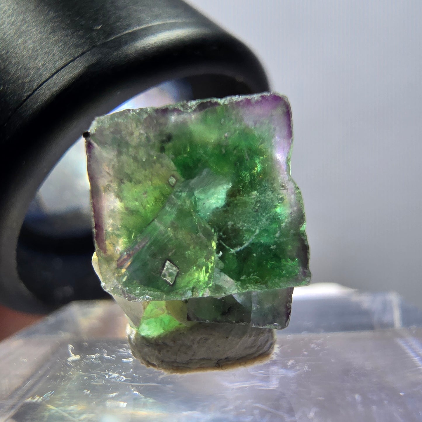 Cube de fluorite fantôme transparente, zonale, muscovite, tourmaline schorl, Erongo, Namibie, 13*12*9 mm