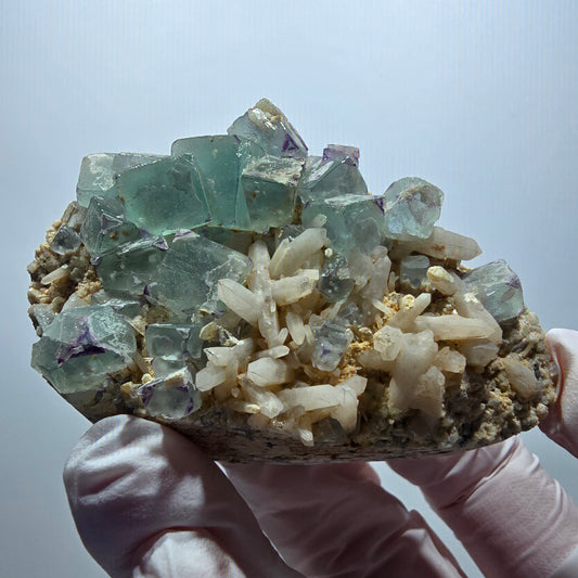 Seltene Phantom Fluorit Würfel, zonal, Quarz Stufe Brandberg, Namibia 68*47*28mm