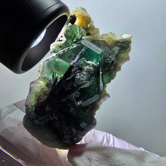 Phantom Fluorit, hexagonal, Schörl Turmalin, Muskovit, Hyalit Erongo, Namibia 51*27*19mm