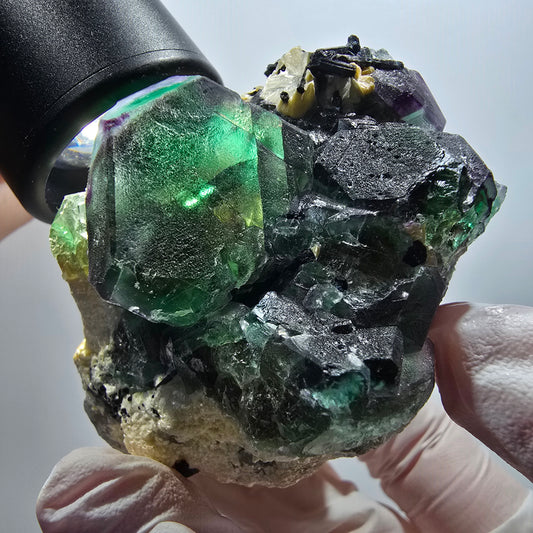 Phantom Fluorit, hexagonal, Schörl Turmalin, Muskovit Erongo, Namibia 67*61*49mm