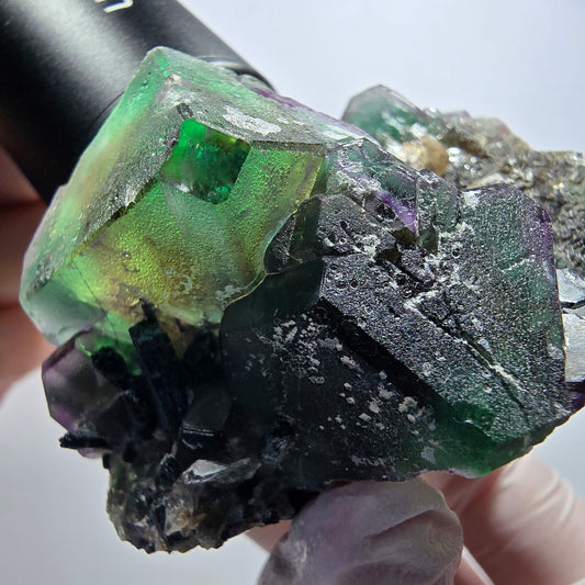 Phantom Fluorit, hexagonal, Schörl Turmalin, Muskovit, Hyalit Erongo, Namibia 71*64*44mm