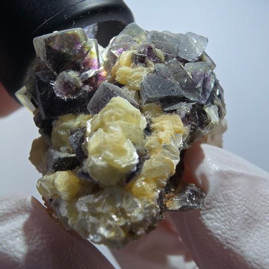 Bunte Phantom Fluorit Würfel, Muskovit, Hyalit, Rauchquarz Erongo, Namibia 42*36*29mm