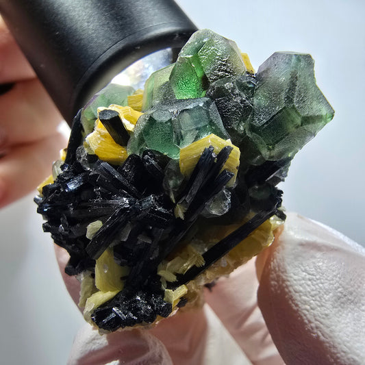 Phantom Fluorit, hexagonal, Schörl Turmalin, Muskovit, Hyalit Erongo, Namibia 46*32*31mm