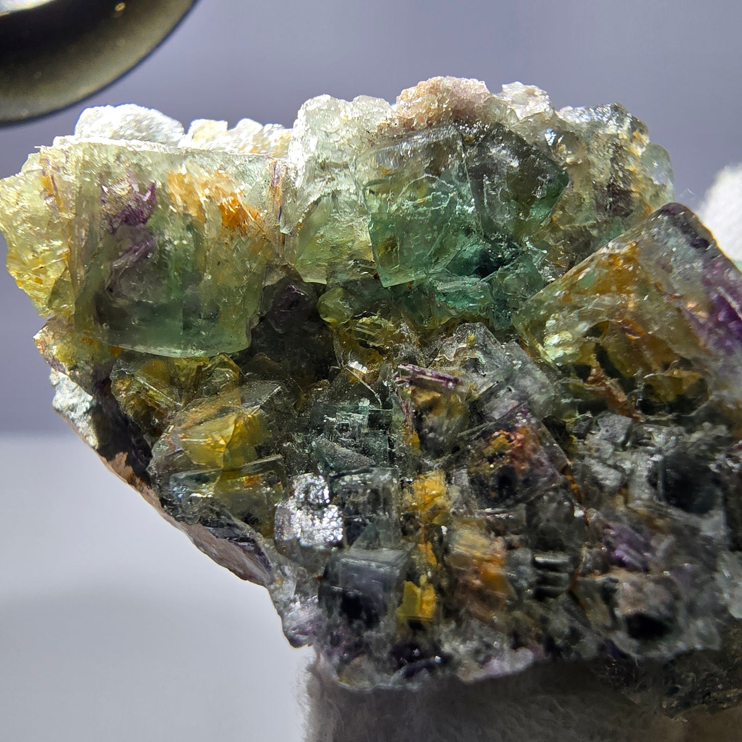 Phantom Fluorit Würfel zonal, Rauchquarz Stufe Erongo, Namibia 67*49*29mm