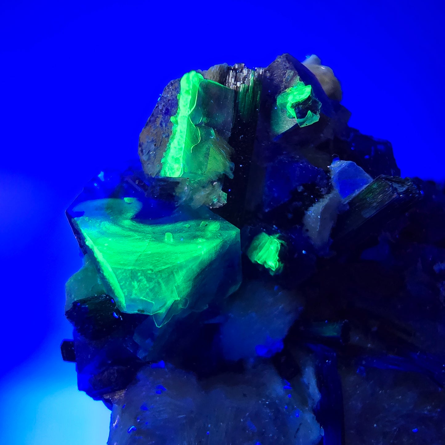 Bunte Phantom Fluorit Schörl Turmalin Hyalit Muskovit Erongo, Namibia 60*49*37mm