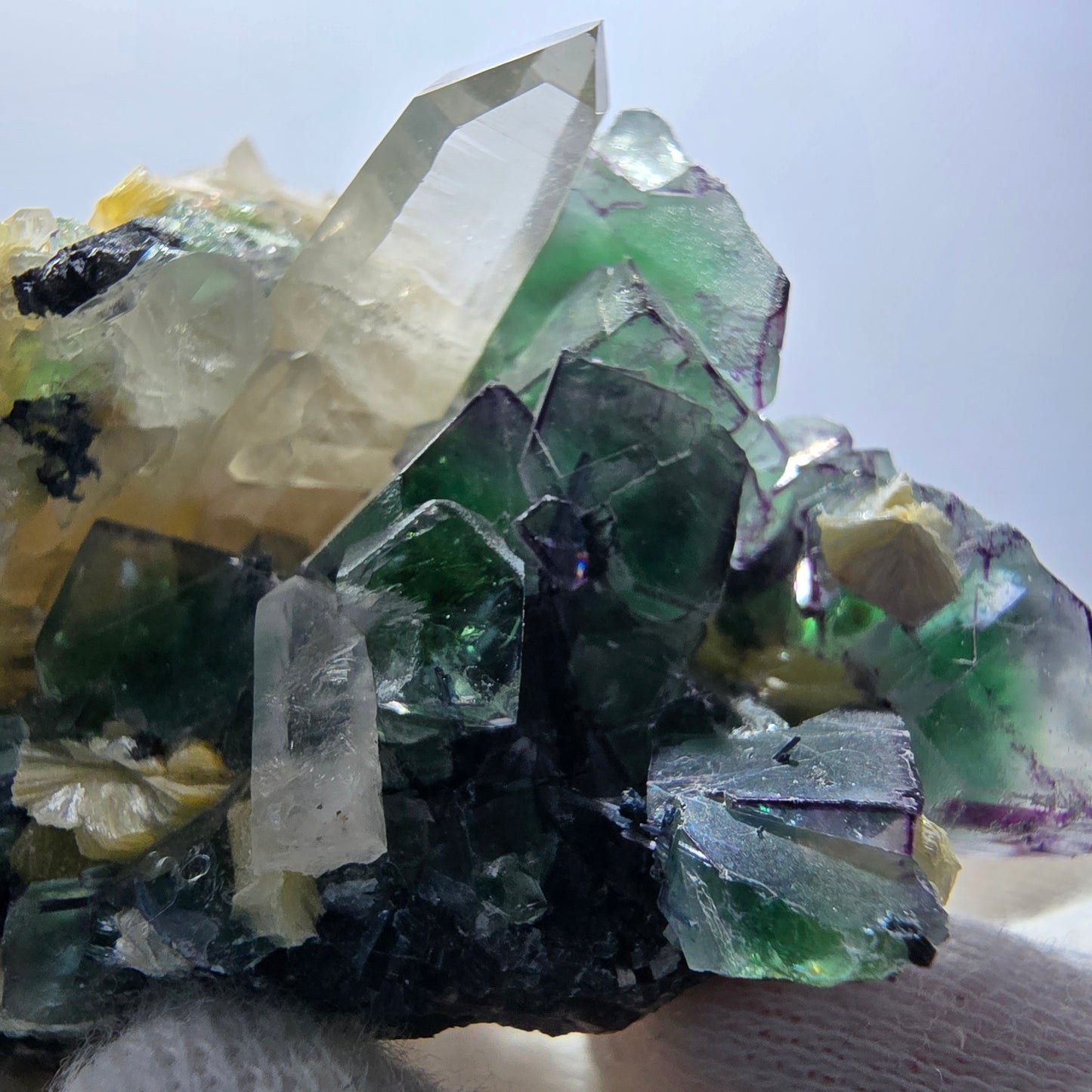 Phantom Fluorit Würfel, Rauchquarz, Schörl Turmalin, Hyalit Erongo, Namibia 62*42*35mm