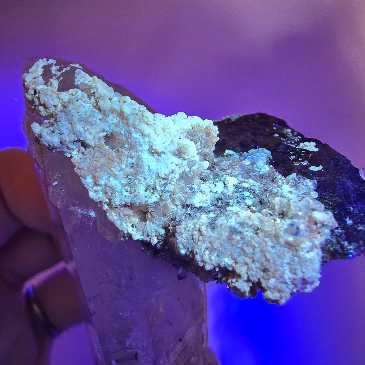 Quartz fumé Harlequin DT, calcite UV sur matrice, spécimen Valentine Pocket, Namibie, 96 x 46 x 53 mm
