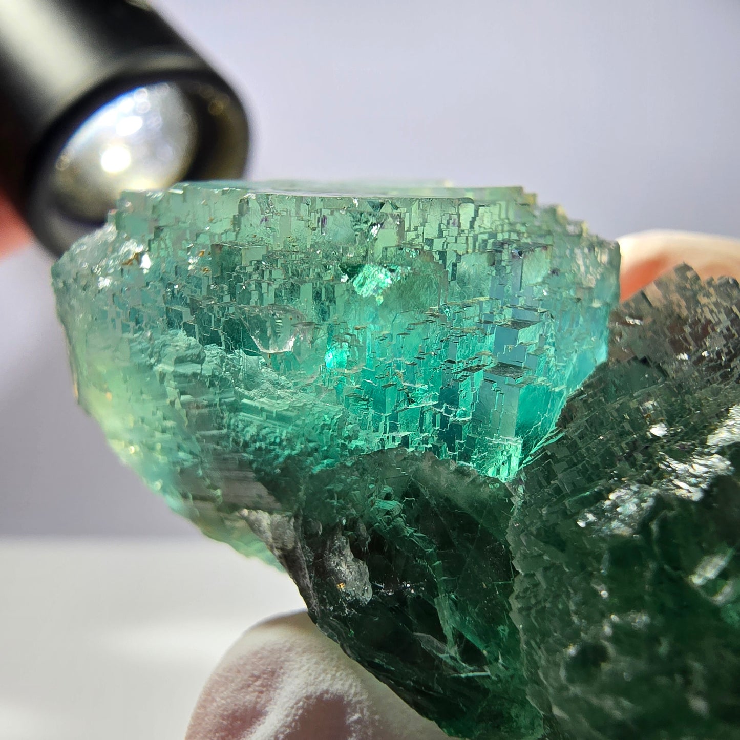 Spécimen de cube de fluorite fantôme transparente, parqueté vert Okorusu, Namibie 49 x 31 x 31 mm