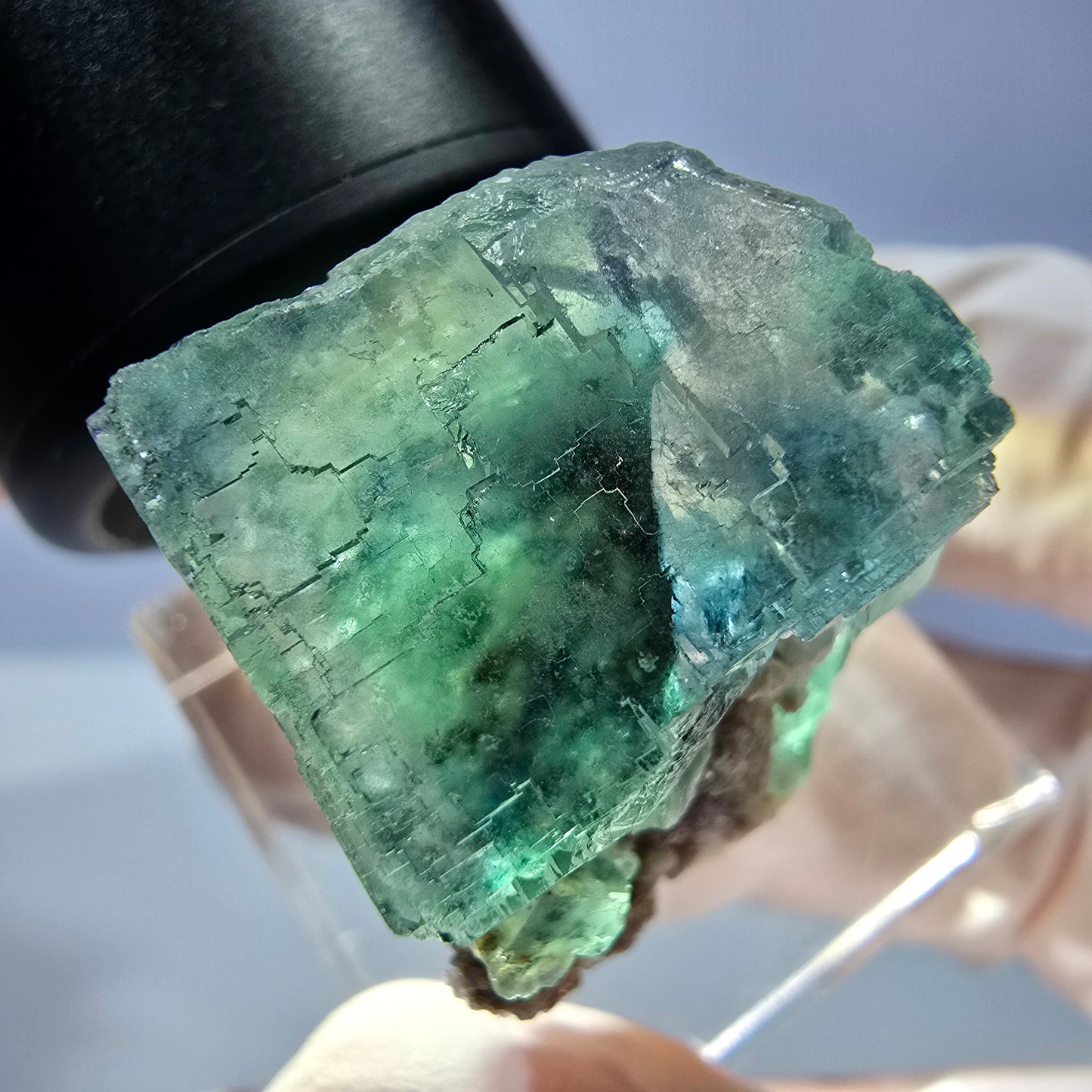 Cube de fluorite fantôme transparente parquetée, vert Okorusu, Namibie 25 x 19 x 15 mm