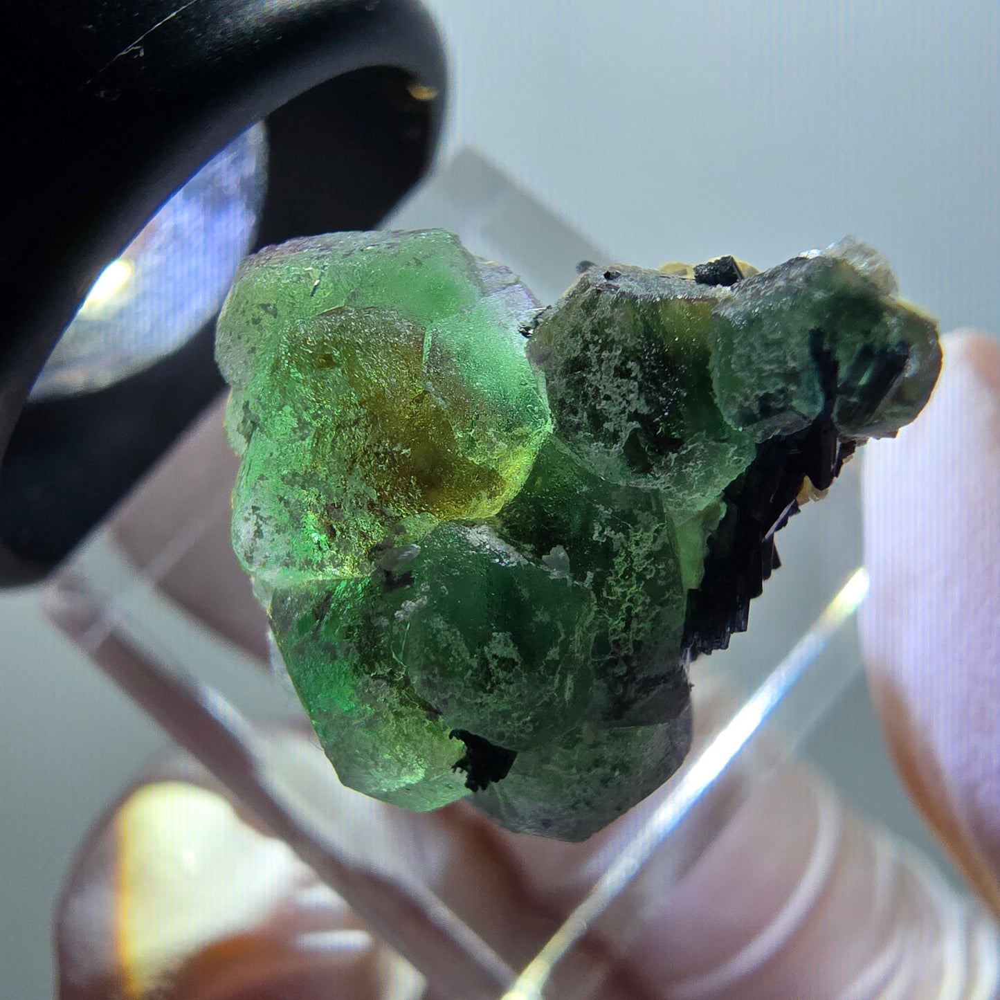 Phantom Fluorit, Schörl Turmalin, Muskovit Stufe Erongo, Namibia 25*16*18mn #12063