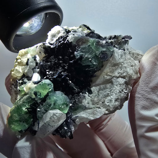 Fluorite fantôme, tourmaline Schörl, quartz fumé, muscovite, Erongo, Namibie 63*50*24mm #12112