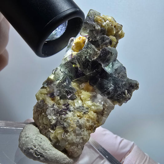 Fluorite fantôme colorée, muscovite, hyalite, quartz fumé, Erongo, Namibie, 60*34*24 mm, réf. 12114