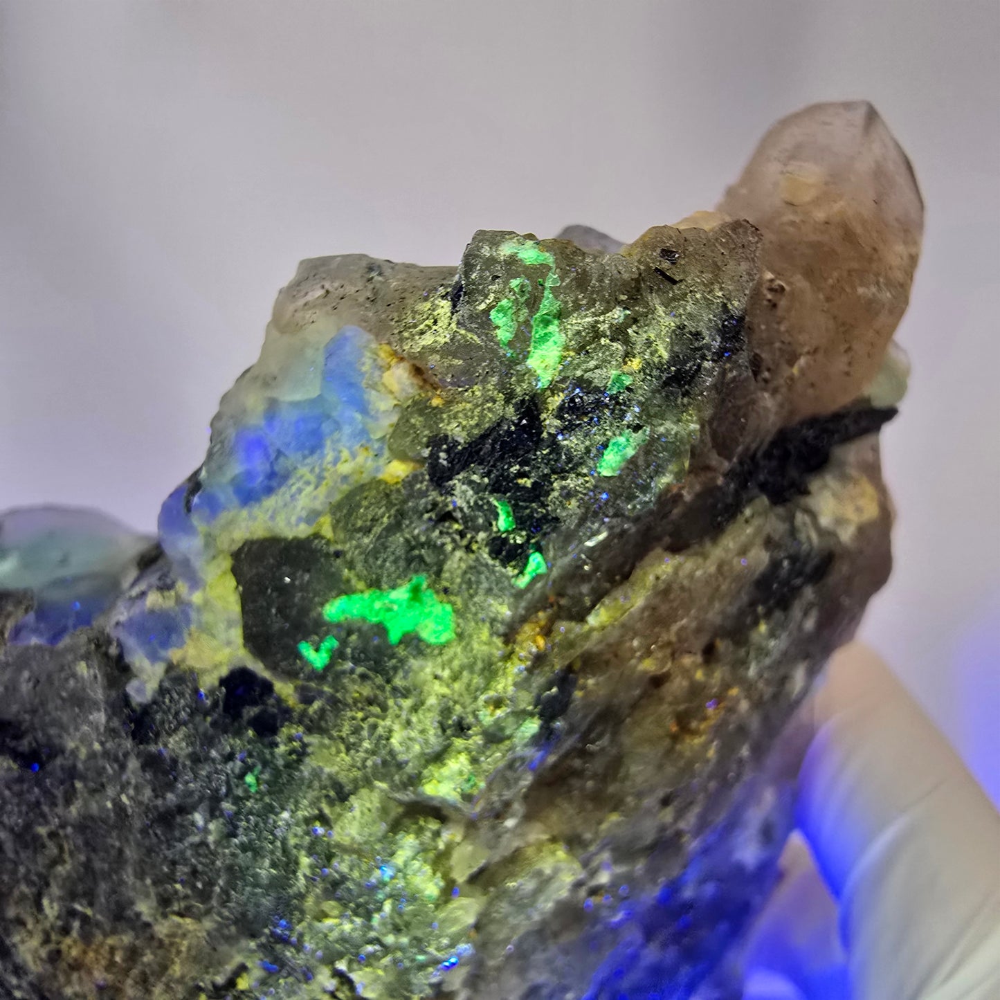 Fluorite fantôme XL, quartz fumé, tourmaline Schörl, hyalite Erongo, Namibie 170*122*53mm #12164