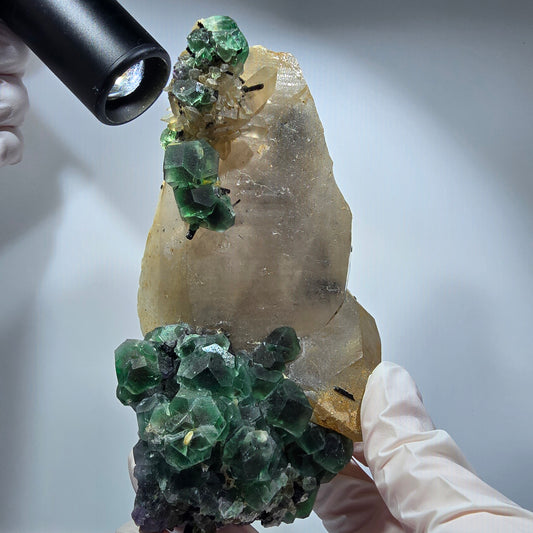 XL Phantom Fluorit, Rauchquarz, Schörl Turmalin, Hyalit Stufe Erongo, Namibia 136*75*54mm #12169