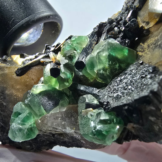 Phantom Fluorit, Schörl Turmalin, Hyalit, Rauchquarz, Muskovit Erongo, Namibia 89*54*48mm #12187