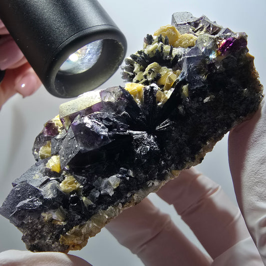 Bunte Phantom Fluorit, Schörl Turmalin, Muskovit, Hyalit Stufe Erongo, Namibia 79*49*39mm #12193