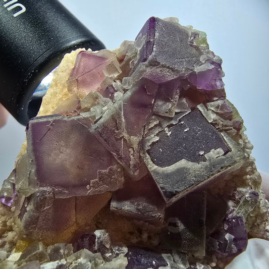 Phantom Fluorit Würfel, Quarz Stufe, grün lila Omehane, Namibia 79*60*31mm #12235