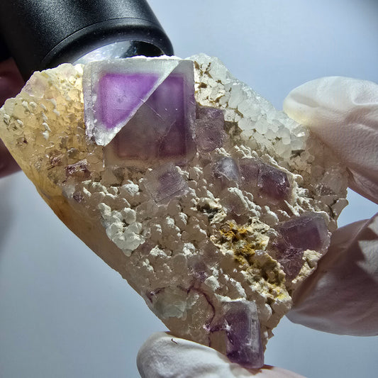 Phantom Fluorit Würfel, Quarz Stufe, grün lila Omehane, Namibia 58*37*20mm #12247