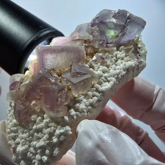 Phantom Fluorit Würfel, Quarz Stufe, grün lila Omehane, Namibia 65*40*21mm #12249