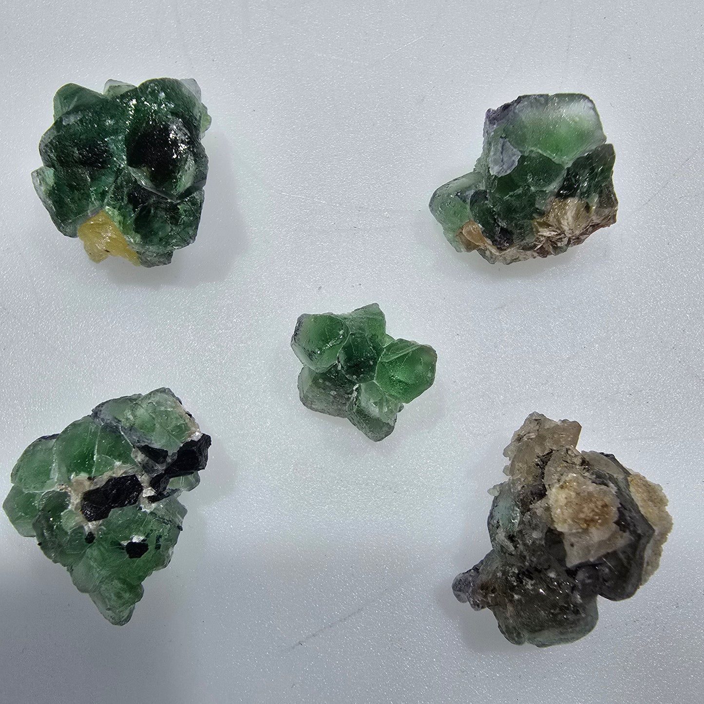Lot de 5 pierres : fluorite fantôme, muscovite, tourmaline Schörl, hyalite, Erongo, Namibie, 14-19 mm, n° 12303