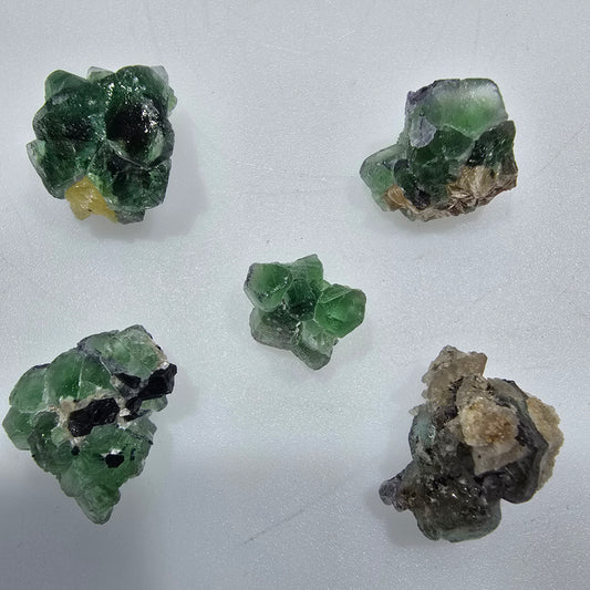 5er Lot Phantom Fluorit, Muskovit, Schörl Turmalin, Hyalit Erongo, Namibia 14-19mm #12303