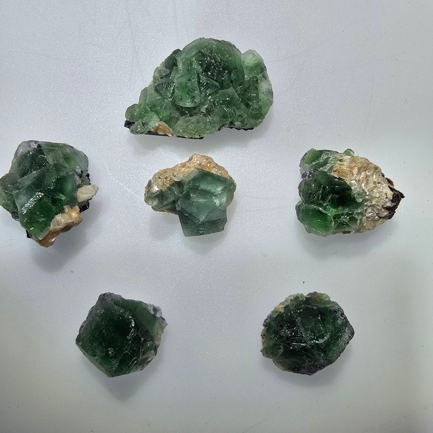 Lot de 5 pierres : fluorite fantôme, muscovite, tourmaline Schörl, Erongo, Namibie, 13-26 mm, réf. 12313
