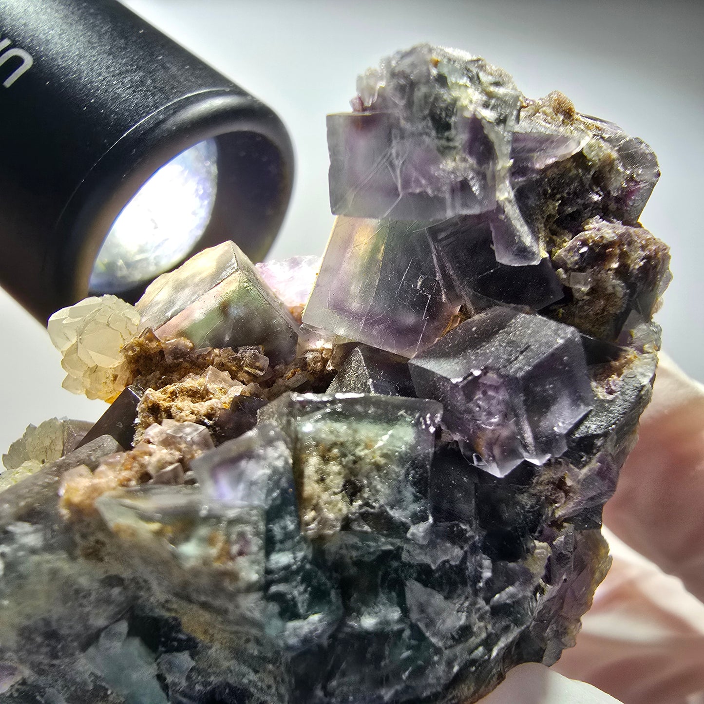 Seltene Phantom Fluorit Würfel, Quarz Stufe Okorusu, Namibia 71*49*47mm #12704