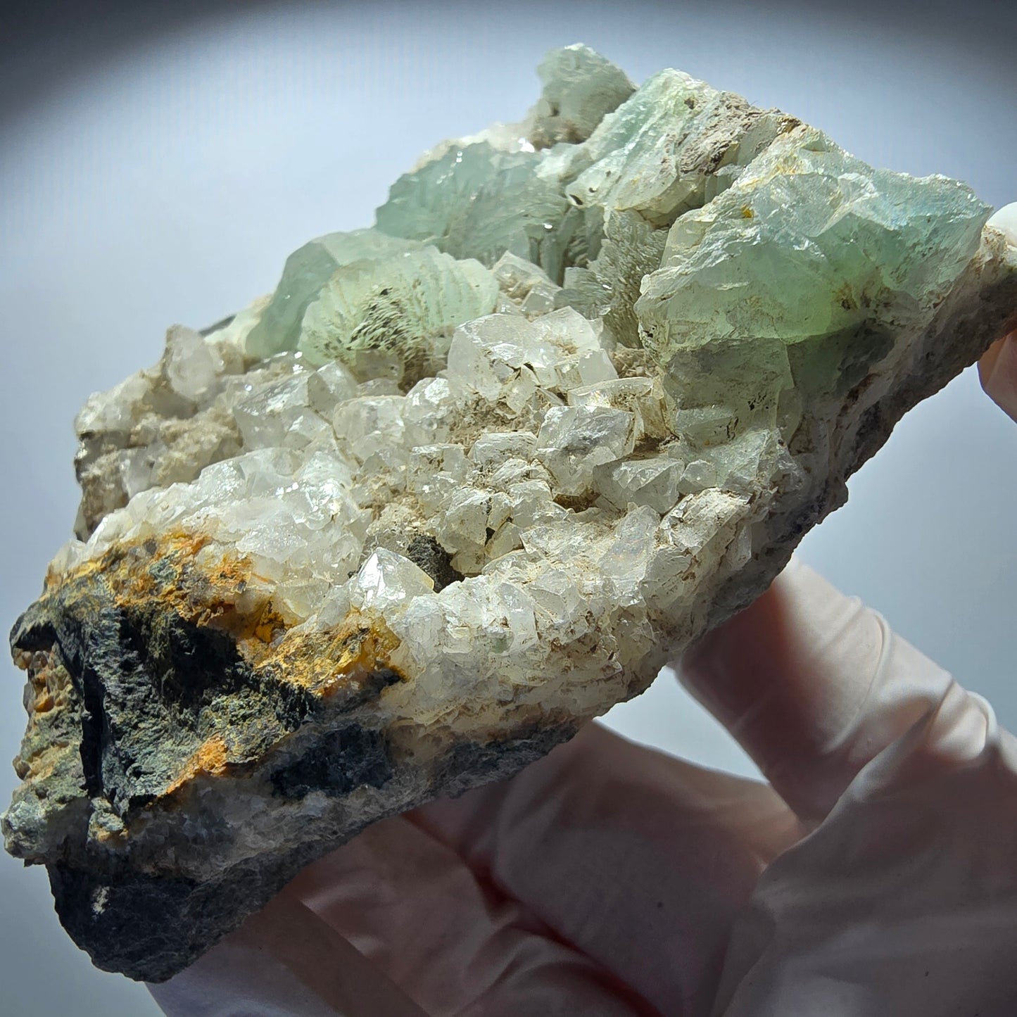 Large prehnite sphere, calcite cube, quartz on matrix Goboboseb, Namibia 90*69*32mm #12721