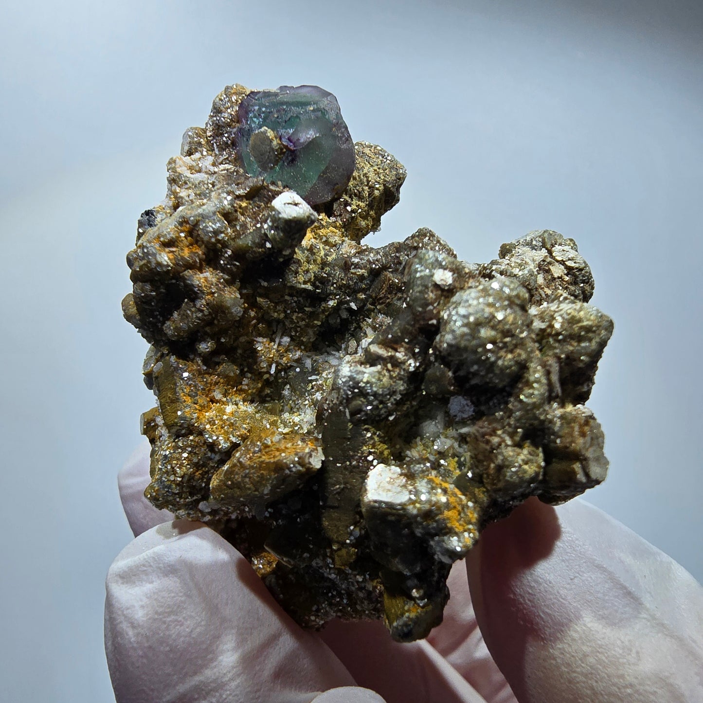 Fluorit, Muskovit, Schörl Turmalin, Hyalit Opal Stufe Erongo Namibia 44*40*37mm #12803
