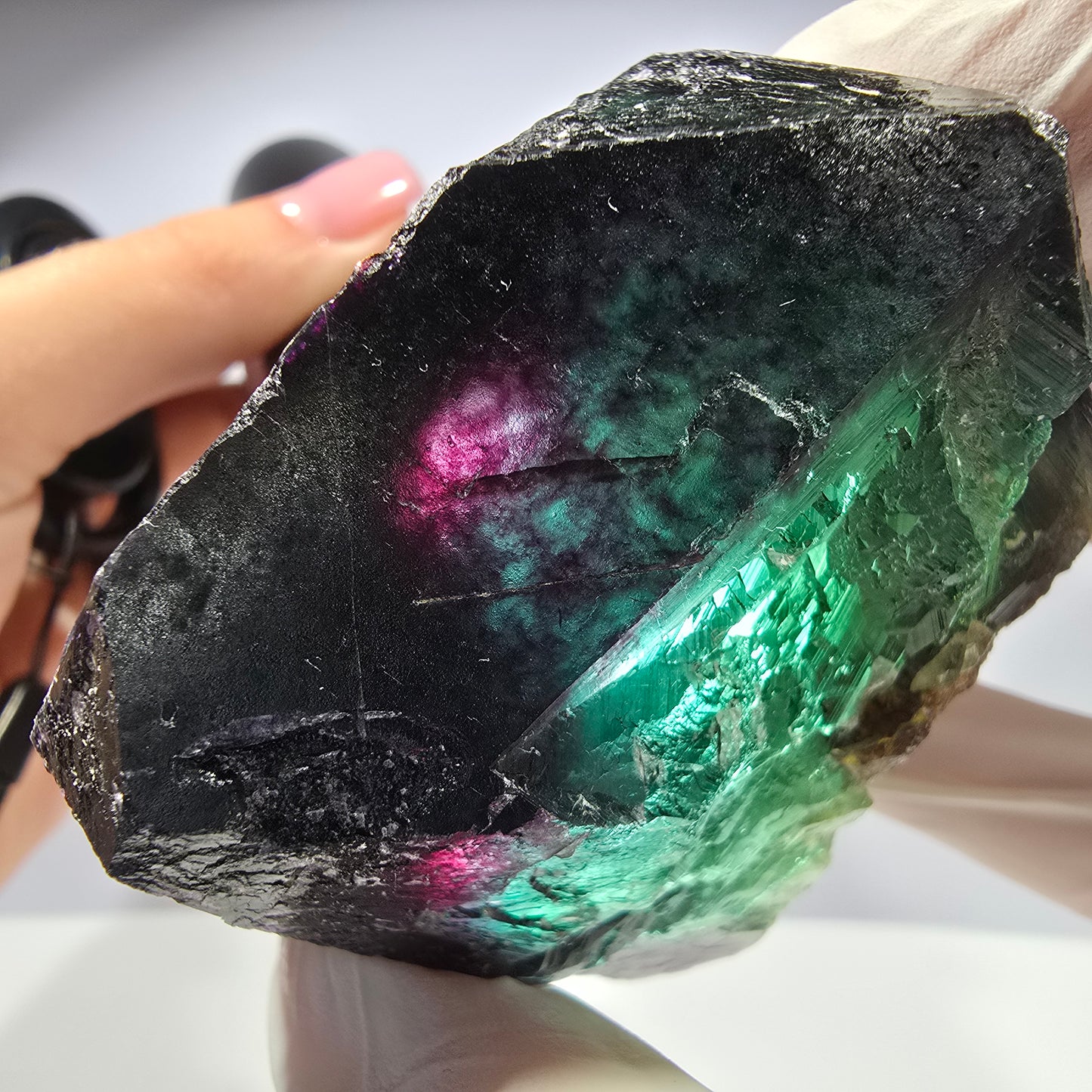 Cube de fluorite fantôme XL parqueté vert violet Okorusu, Namibie 54*54*47mm