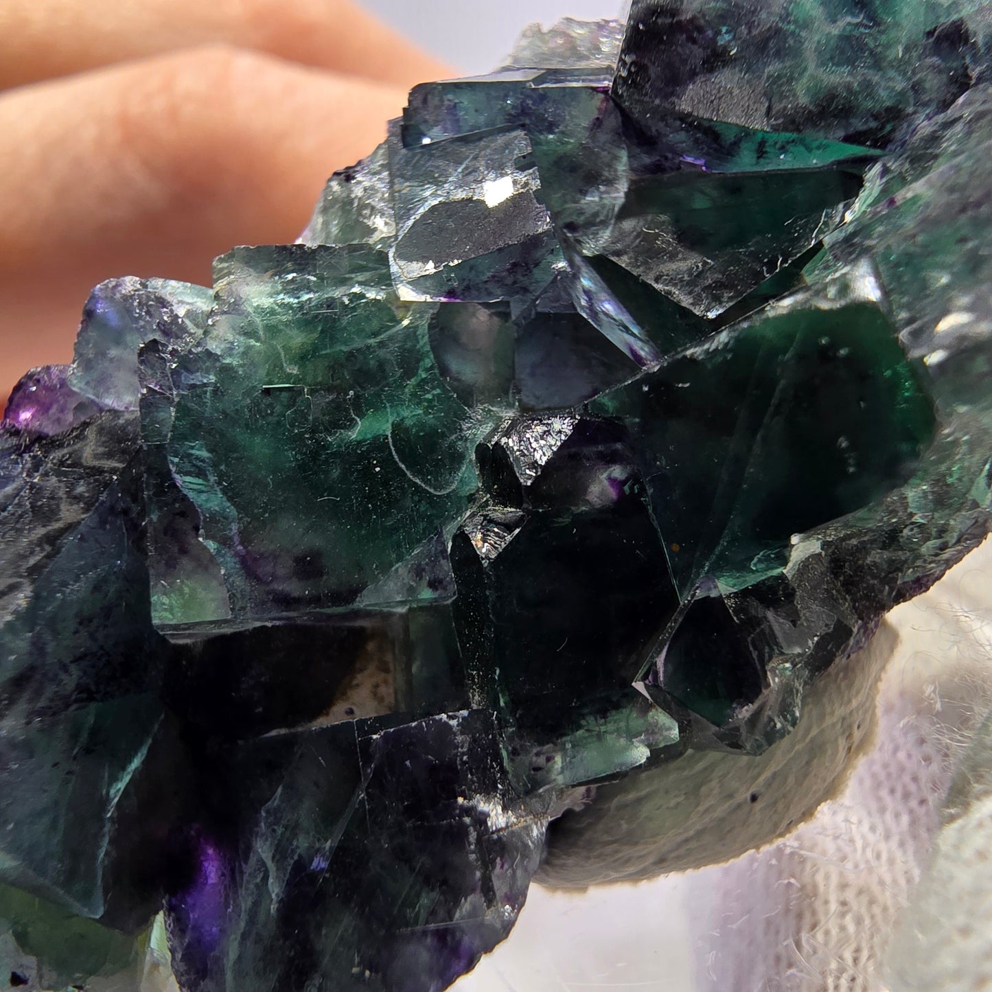 Spécimen de cube de fluorite fantôme transparente, vert-violet zonal, Okorusu, Namibie, 57 x 32 x 18 mm