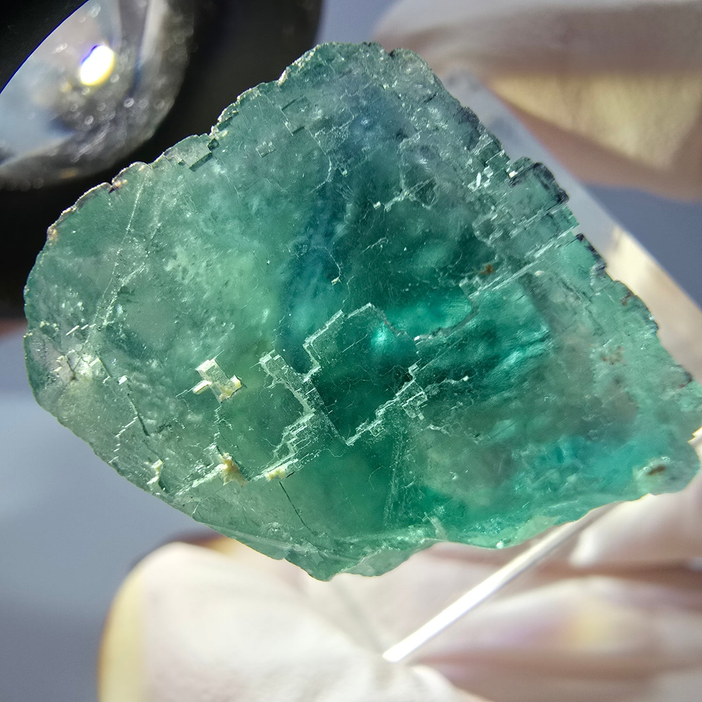 Cube de fluorite fantôme transparente parquetée, vert Okorusu, Namibie 22 x 20 x 18 mm