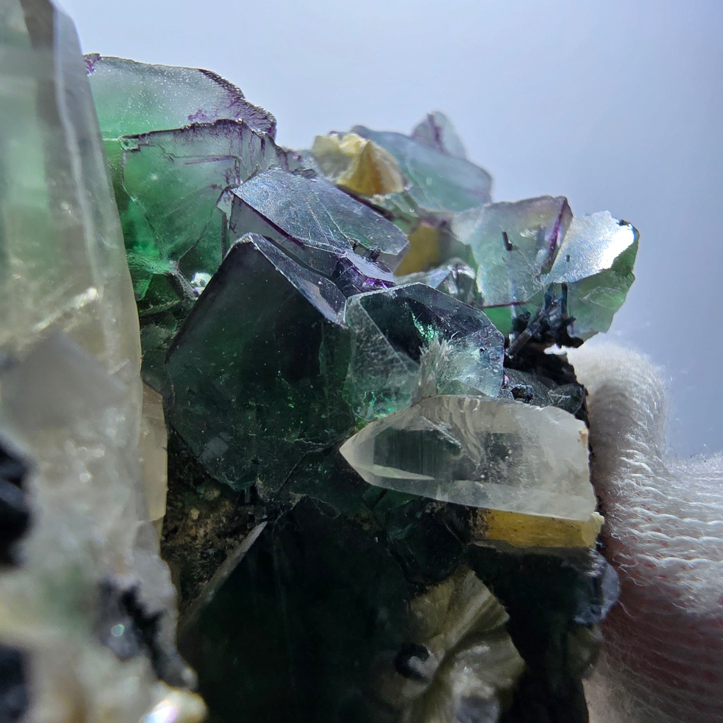 Phantom Fluorit Würfel, Rauchquarz, Schörl Turmalin, Hyalit Erongo, Namibia 62*42*35mm
