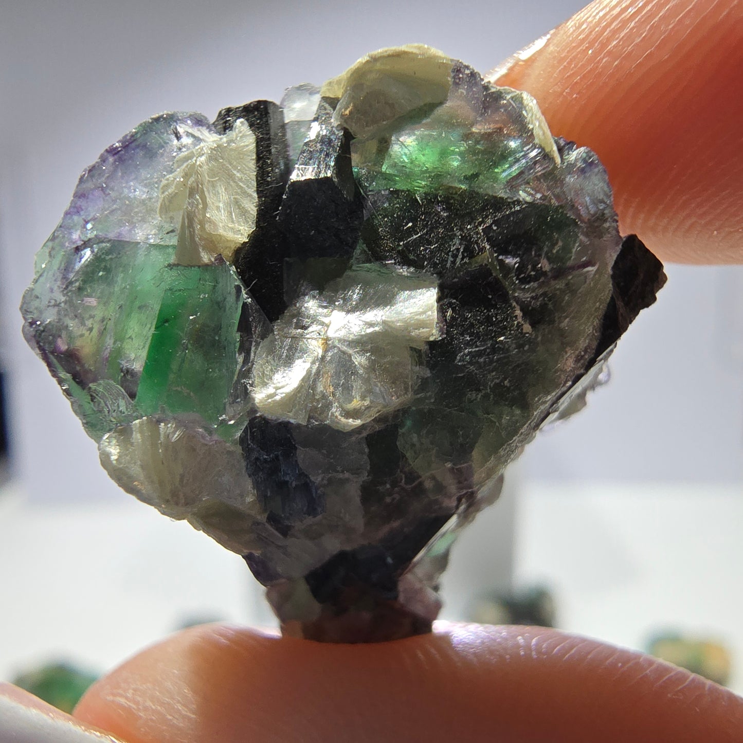 Lot de 16 fluorites fantômes, hyalites, tourmalines Schörl, muscovites, Erongo, Namibie