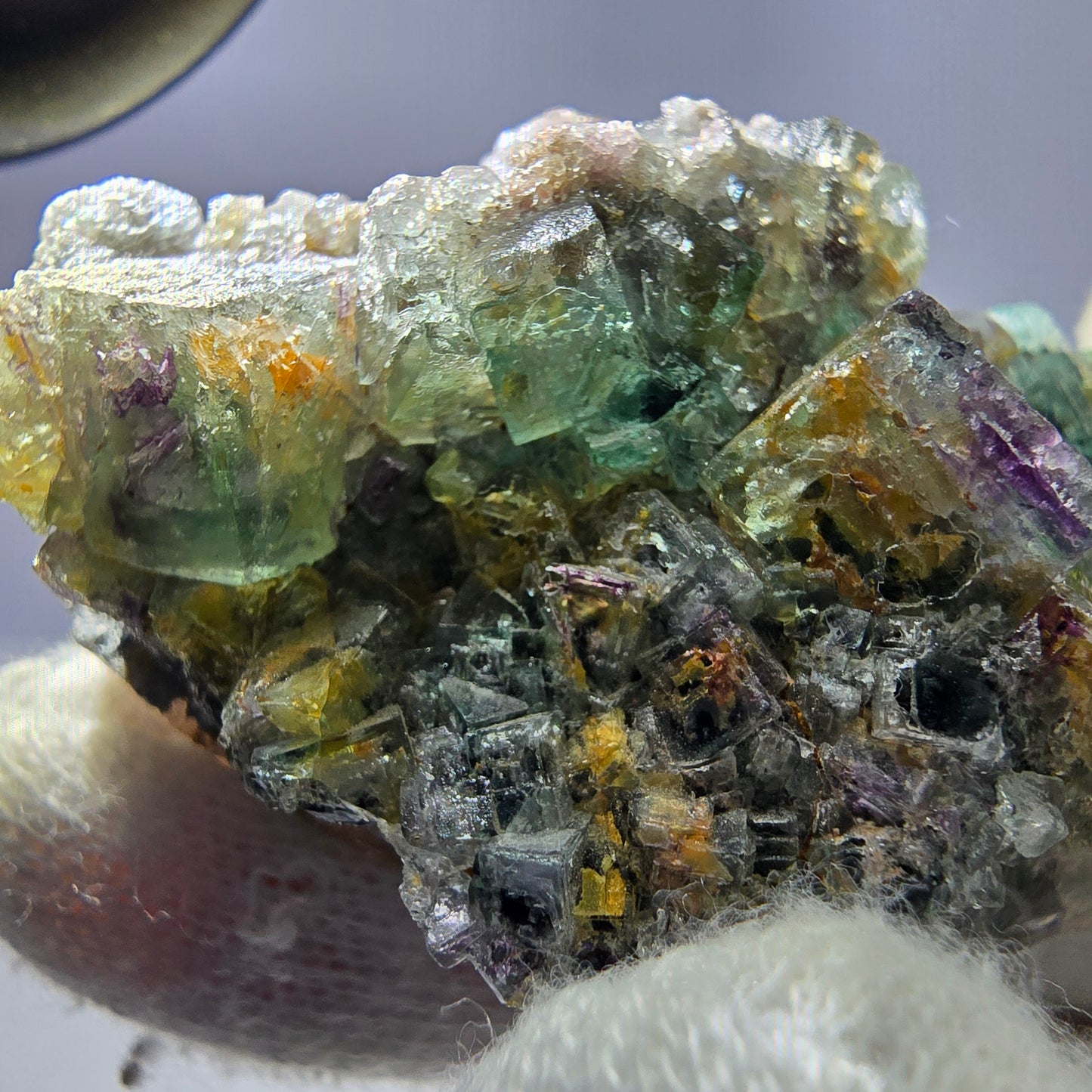 Phantom Fluorit Würfel zonal, Rauchquarz Stufe Erongo, Namibia 67*49*29mm