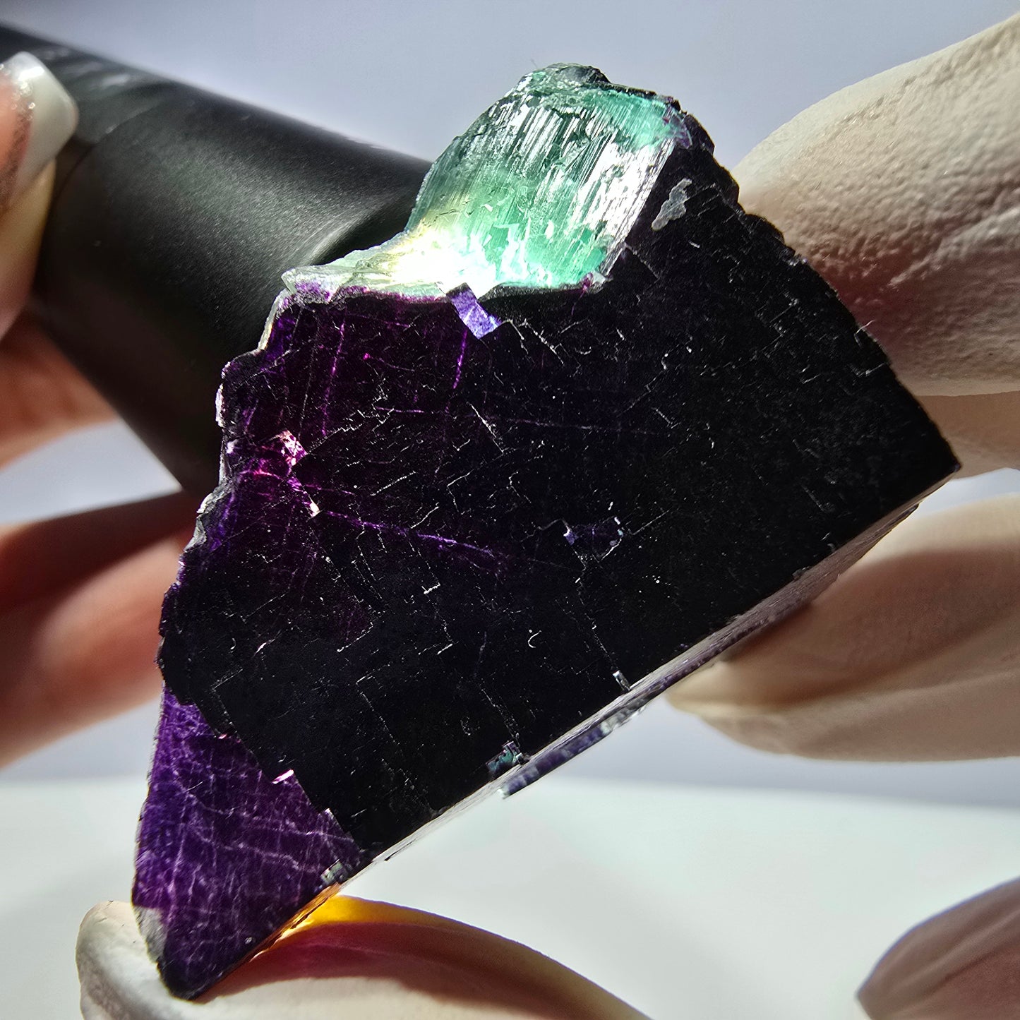 Spécimen de cube de fluorite fantôme vert violet zonal 11:11 Angel Pocket, Namibie 52*42*29mm
