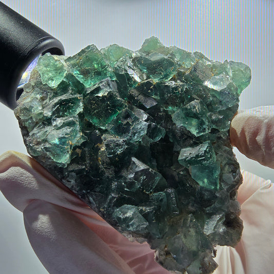 Seltene Phantom Fluorit Würfel Stufe parkettiert grün Okorusu Namibia 80*68*21mm #13027