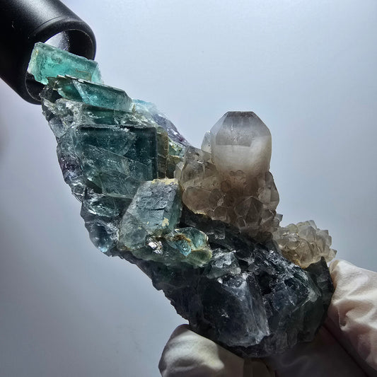 Phantom Fluorit Würfel, Quarz Stufe, grün lila Okorusu, Namibia 106*58*36mm #13065