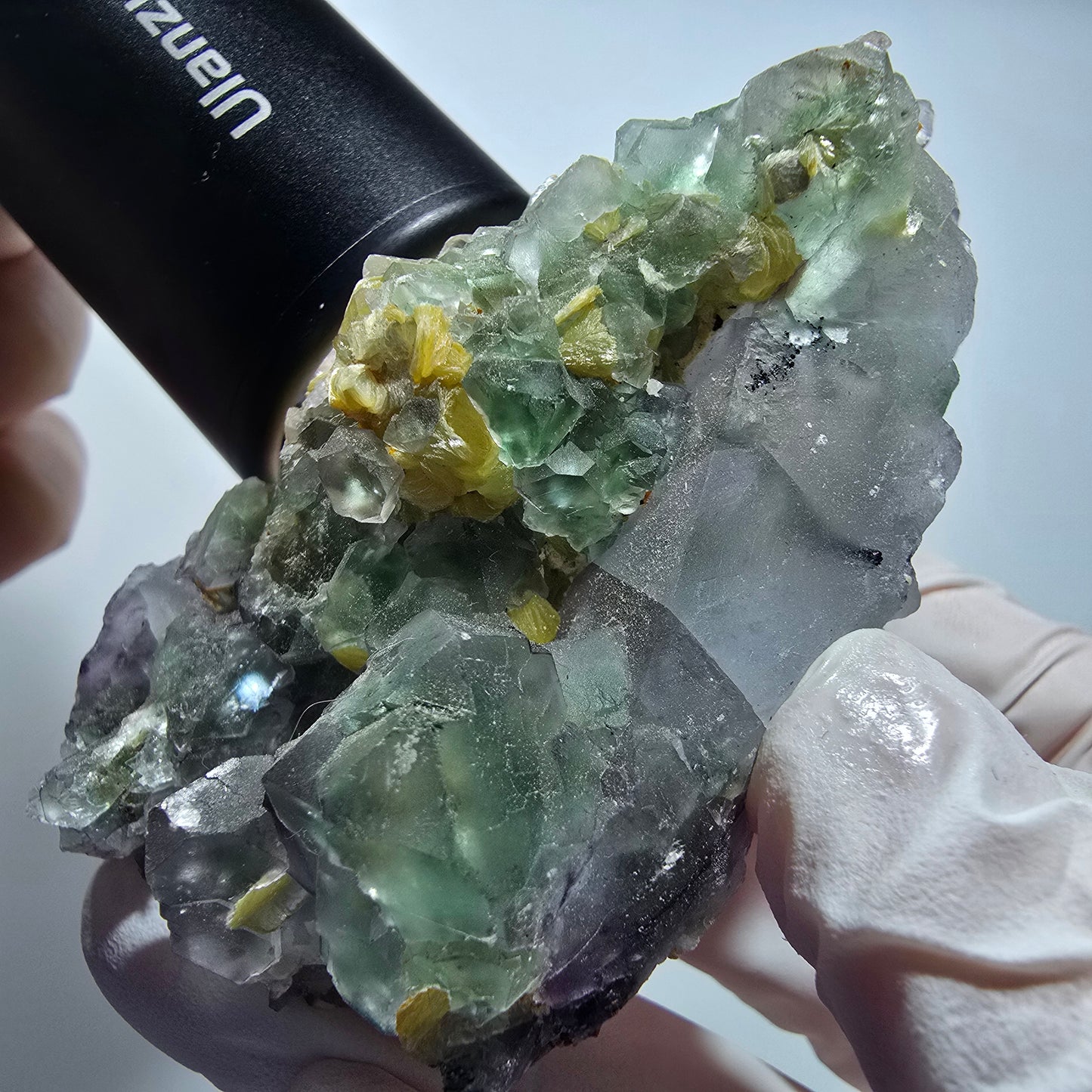 Phantom Fluorit, Hyalit Opal, Schörl Turmalin, Muskovit Erongo, Namibia 77*43*40mm #13171