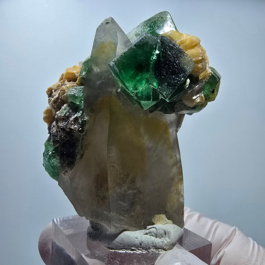 Phantom Fluorit, Hyalit Opal, Rauchquarz, Muskovit Erongo, Namibia 51*49*30mm #13172