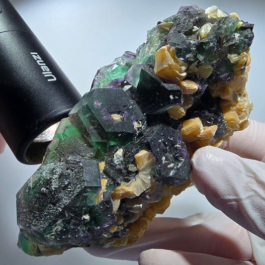 Phantom Fluorit, hexagonal, Hyalit, Schörl Turmalin, Muskovit Erongo, Namibia 103*41*46mm #13192