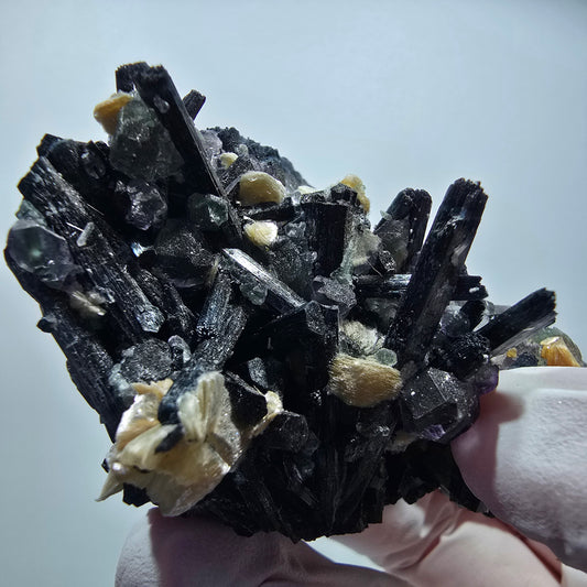 Phantom Fluorit Würfel, Schörl Turmalin, Hyalit Opal, Muskovit Erongo, Namibia 67*50*46mm #13363