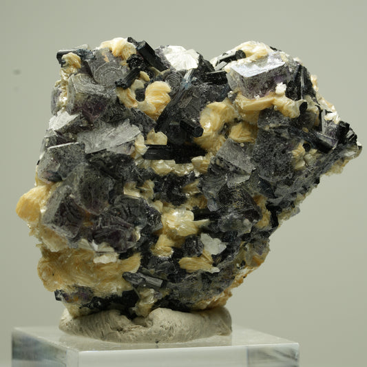 Bunte Phantom Fluorit Würfel, Schörl Turmalin, Muskovit Erongo, Namibia 45*37*28mm #13822