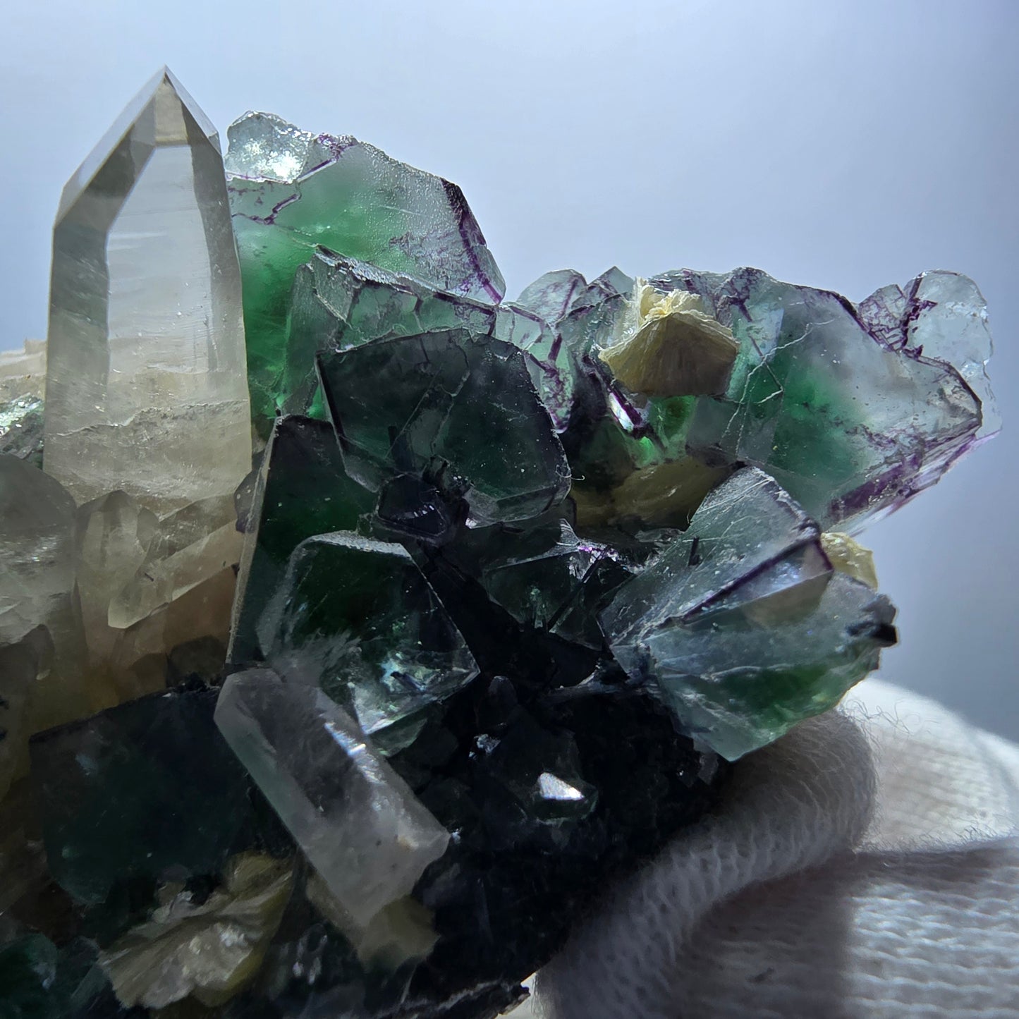 Phantom Fluorit Würfel, Rauchquarz, Schörl Turmalin, Hyalit Erongo, Namibia 62*42*35mm