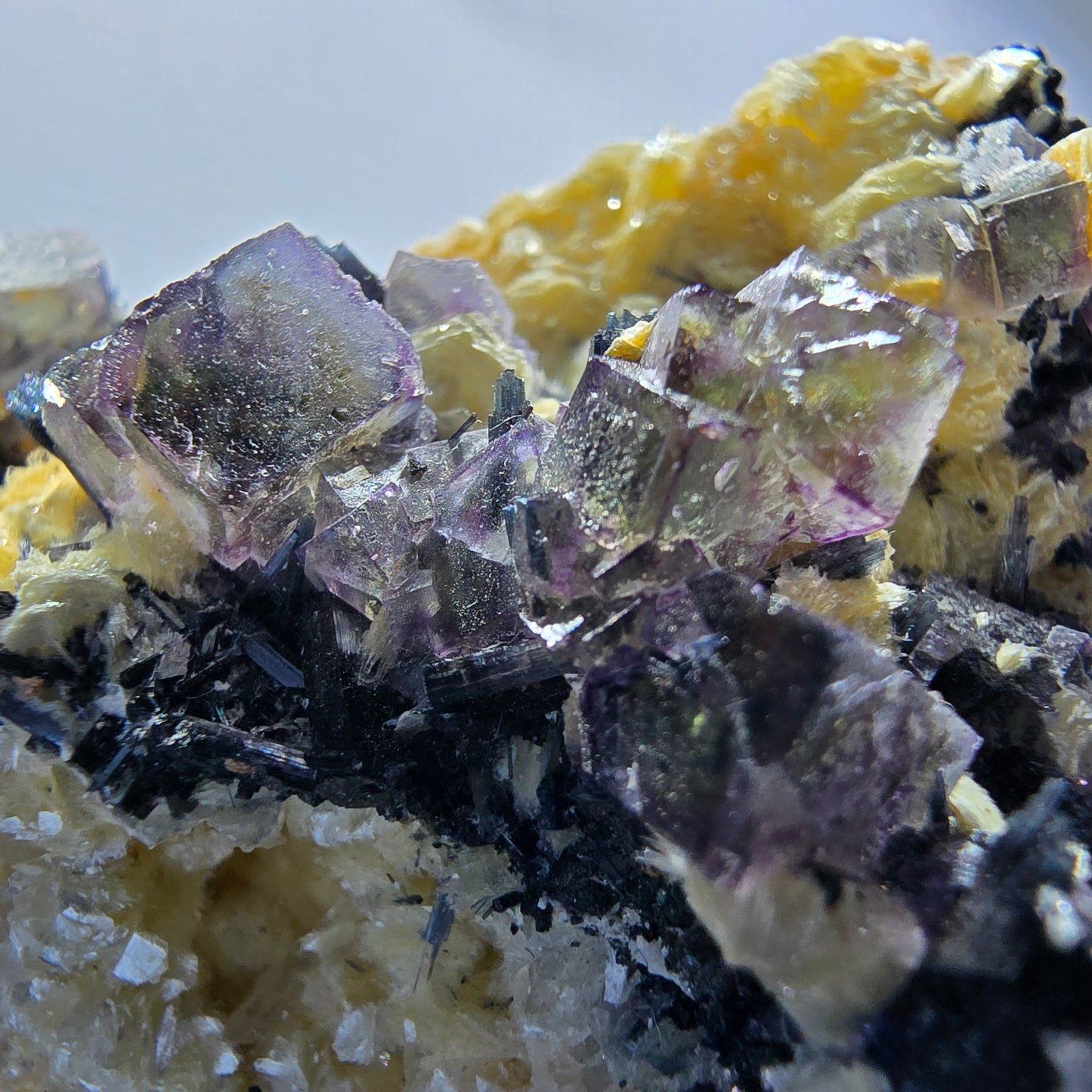 Cubes de fluorite fantôme colorés, tourmaline scholle muscovite, Erongo, Namibie, 61 x 60 x 29 mm