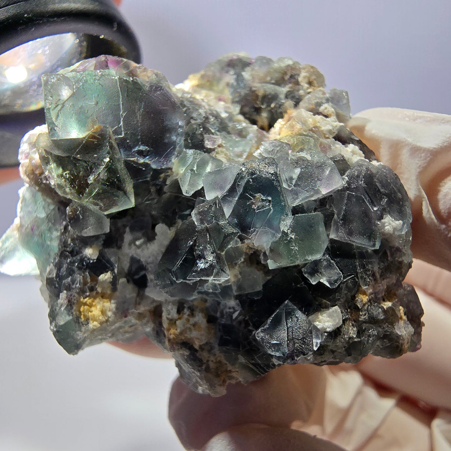Rare cube de fluorite fantôme, spécimen de quartz vert violet Okorusu Namibie 47*46*37 mm