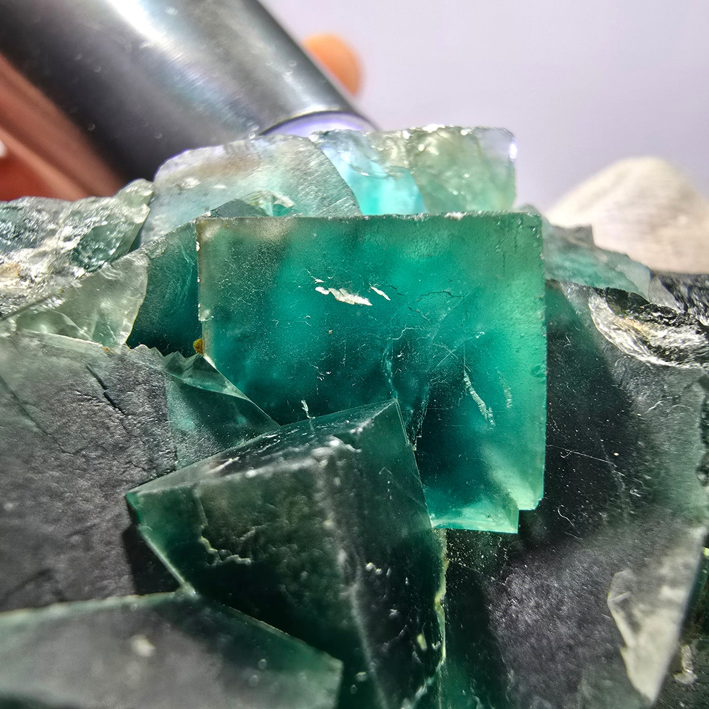 Seltene Phantom Fluorit Würfel Stufe parkettiert grün Okorusu Namibia 82*41*23mm